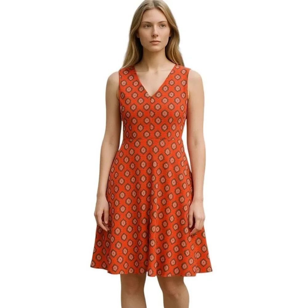 Ann Taylor Size 14 Mandala Print Fit & Flare Dress Coral Sleeveless Summer Boho